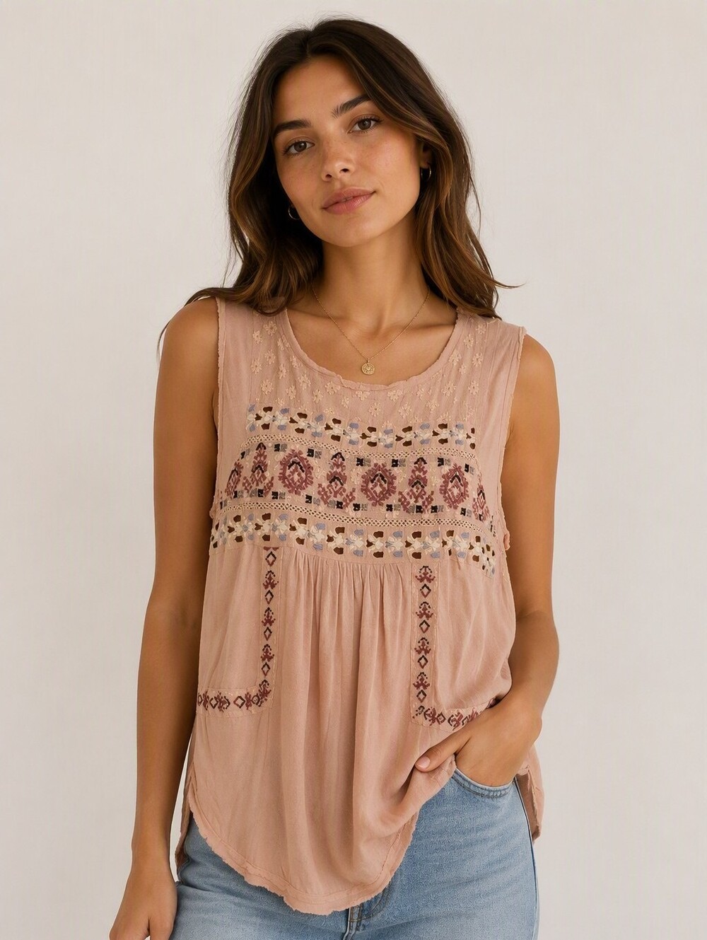 Free People Blush Embroidered Tank Top